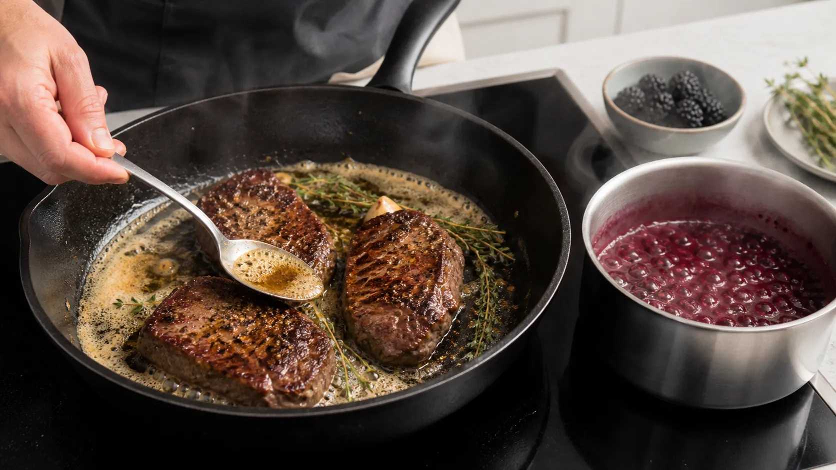 Hirschsteaks braten in einer schweren Pfanne, daneben köchelt die dunkelrote Brombeersauce in einem kleinen Topf