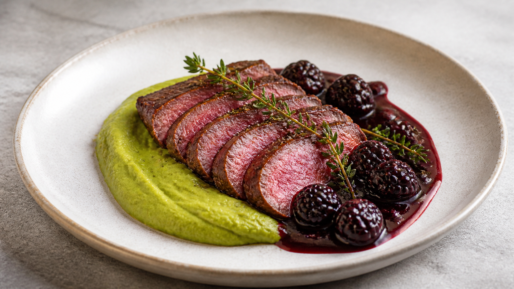 Aufgeschnittenes rosa gebratenes Hirschsteak auf grünem Brokkolipüree mit dunkler Brombeersauce und ganzen Brombeeren