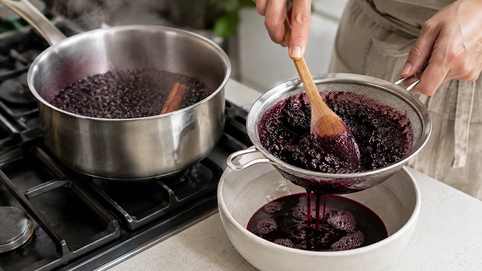 Holunderbeeren köcheln in einem Topf, daneben wird das gekochte Mark durch ein feines Sieb in eine Schüssel gestrichen