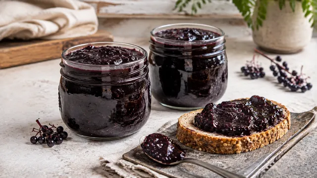Zwei kleine offene Schraubgläser mit tiefdunkler Holunderbeer-Konfitüre, daneben ein Löffel und eine Scheibe kerniges Keto-Brot mit Konfitüre
