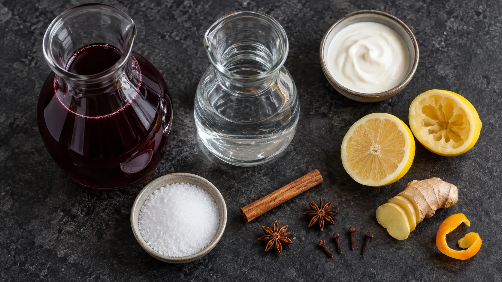 Zutaten für Holunderbeer-Punsch: Holunderbeersaft, Zimtstange, Sternanis, Nelken, Ingwer, Orangenschale und Erythrit