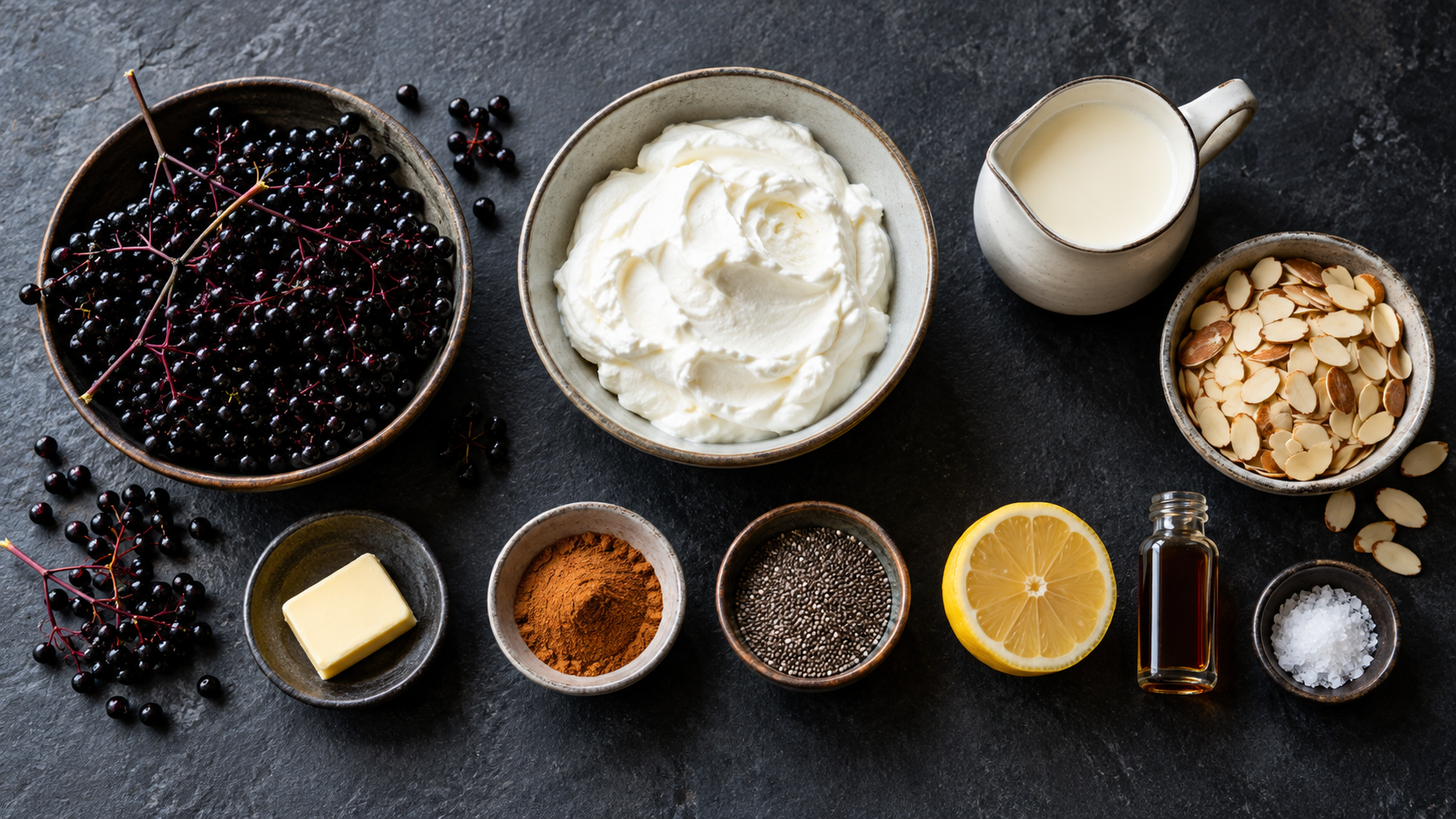 Zutaten für Keto-Holunderbeer-Quark: abgerebelte Holunderbeeren, Sahnequark, Sahne, Mandelblättchen, Zimt und Erythrit