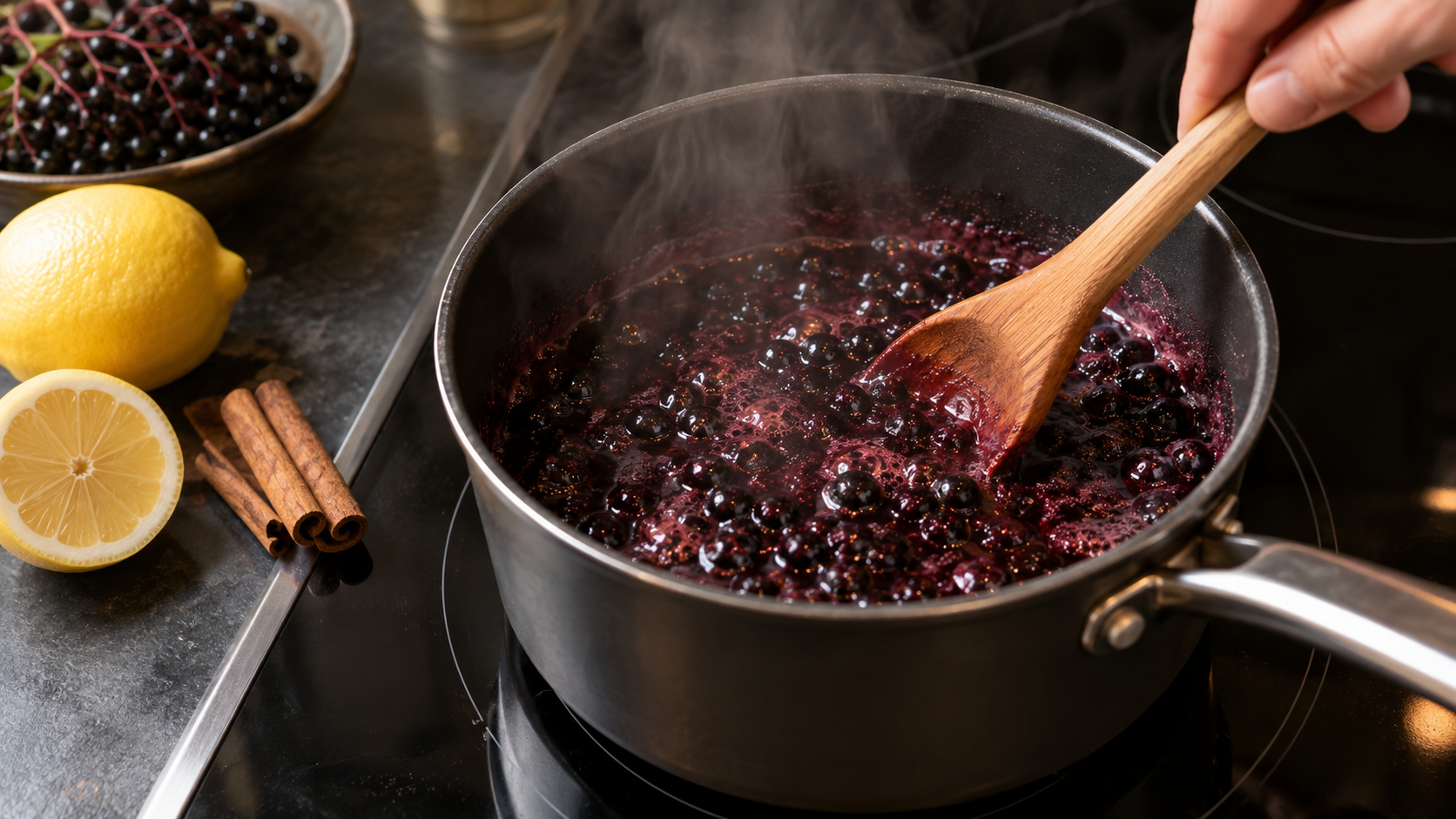 Holunderbeeren köcheln mit Zimt und Zitronensaft in einem kleinen Topf zu Kompott