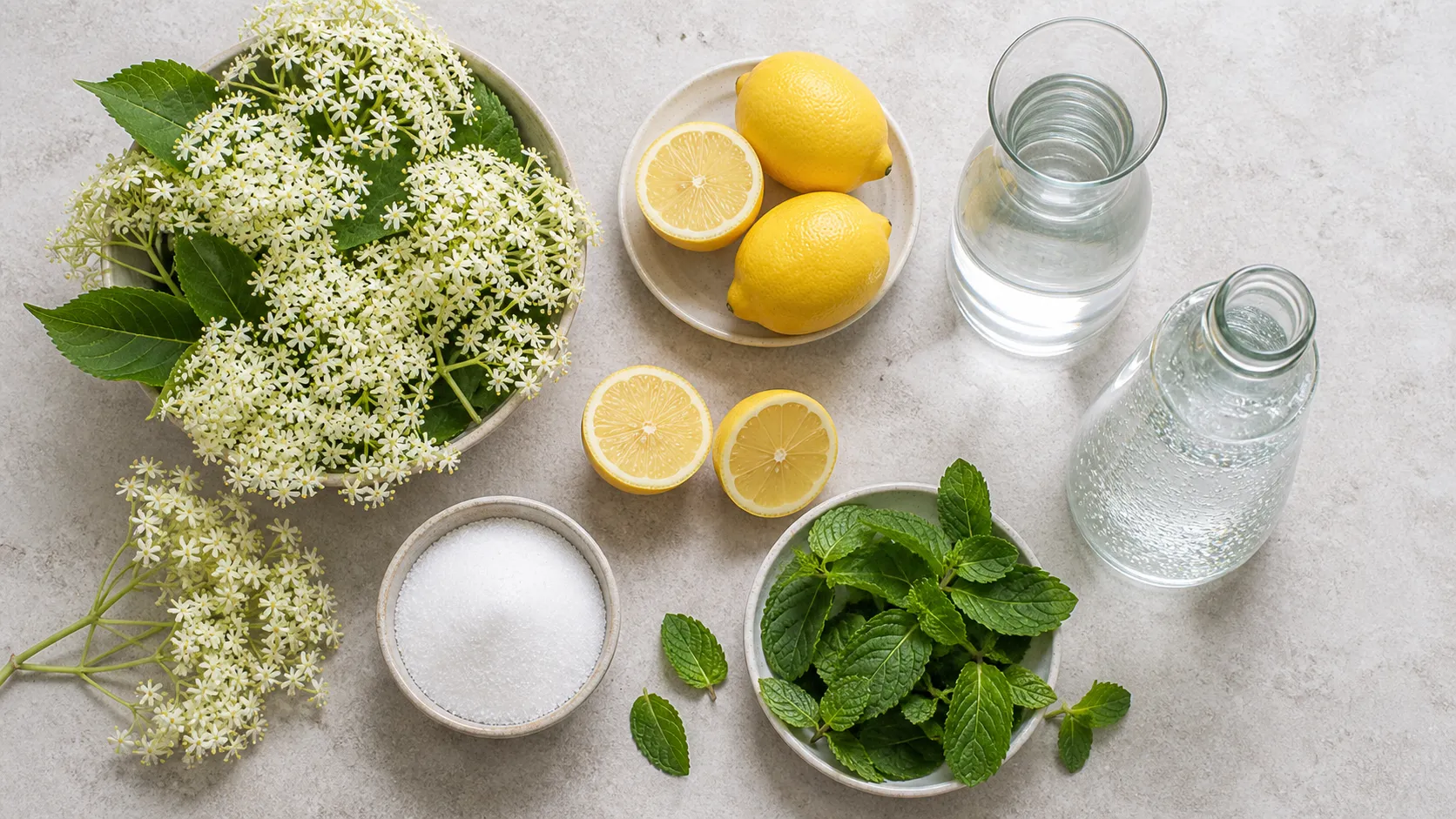 Zutaten für Holunderblüten-Limonade: frische Holunderblütendolden, Zitronen, Erythrit und Wasser
