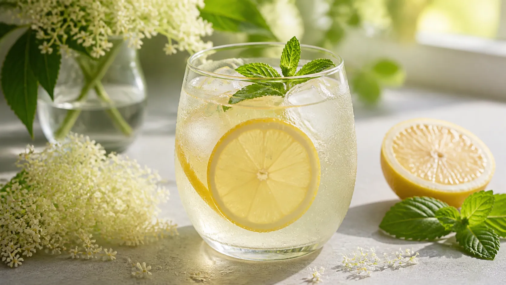 Glas mit selbst gemachter Holunderblüten-Limonade mit Eiswürfeln, Zitronenscheibe und Minze