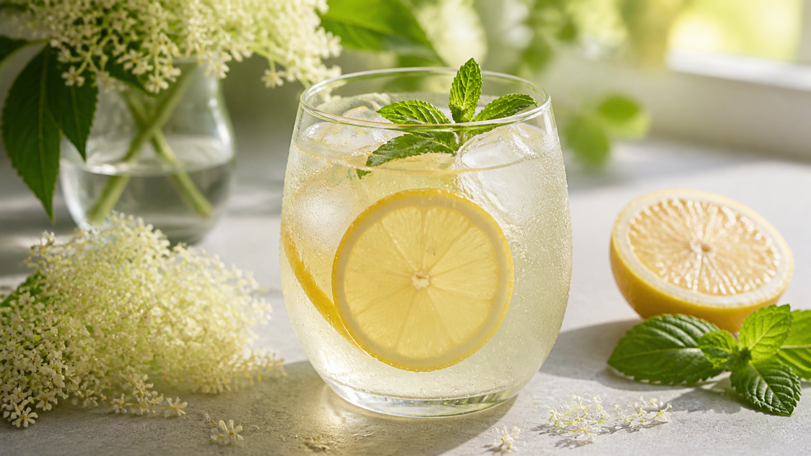 Glas mit selbst gemachter Holunderblüten-Limonade mit Eiswürfeln, Zitronenscheibe und Minze