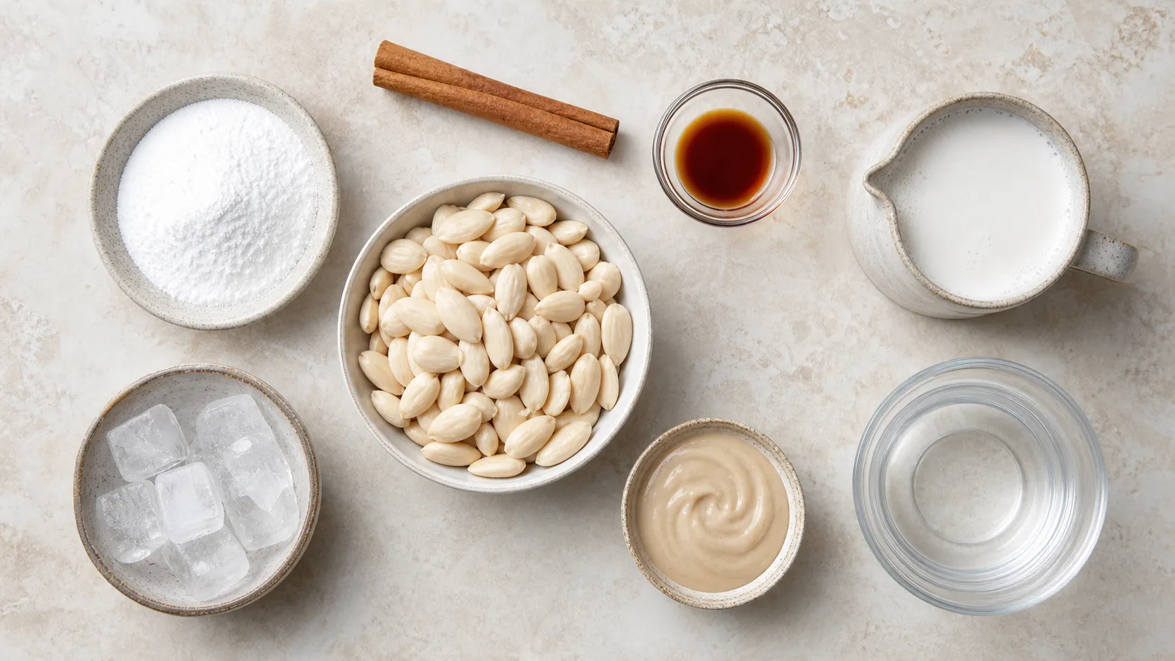 Zutaten für Keto-Horchata: blanchierte Mandeln, Zimtstange, Erythrit, Vanilleextrakt, Mandelmus und Kokosmilch