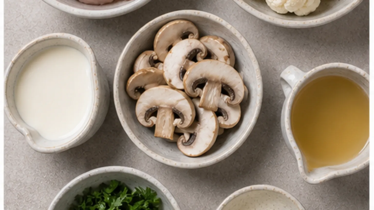 Zutaten für Keto-Hühnerfrikassee mit Blumenkohlreis: Hähnchenbrustfilet, Hühnerbrühe, Sahne, Champignons, grüner Spargel