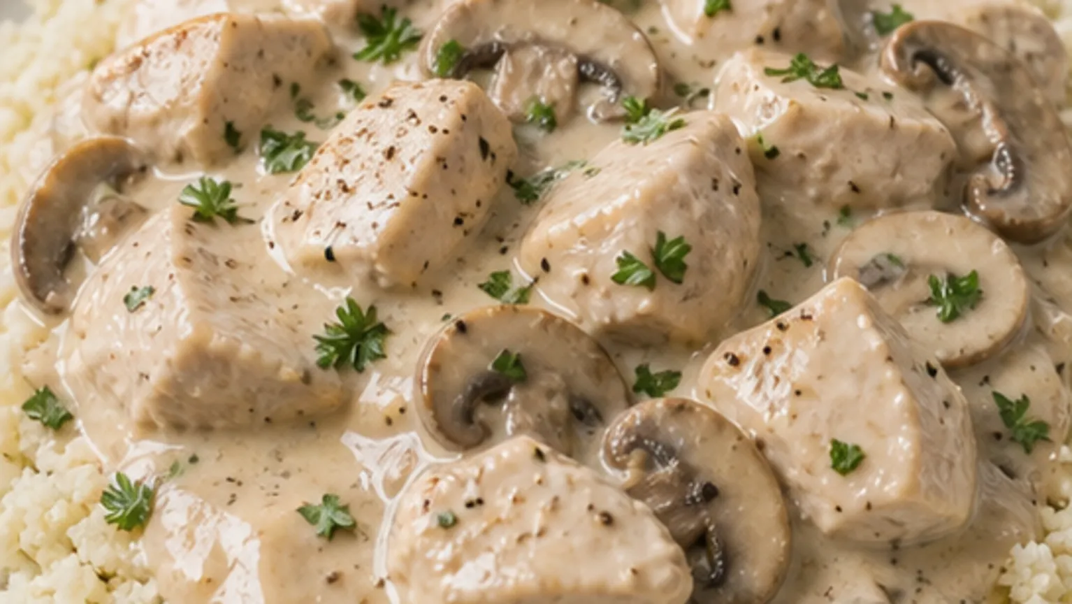 Keto-Hühnerfrikassee mit Blumenkohlreis fertig angerichtet als ketogenes Rezept