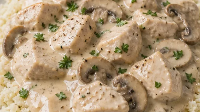 Keto-Hühnerfrikassee mit Blumenkohlreis fertig angerichtet als ketogenes Rezept