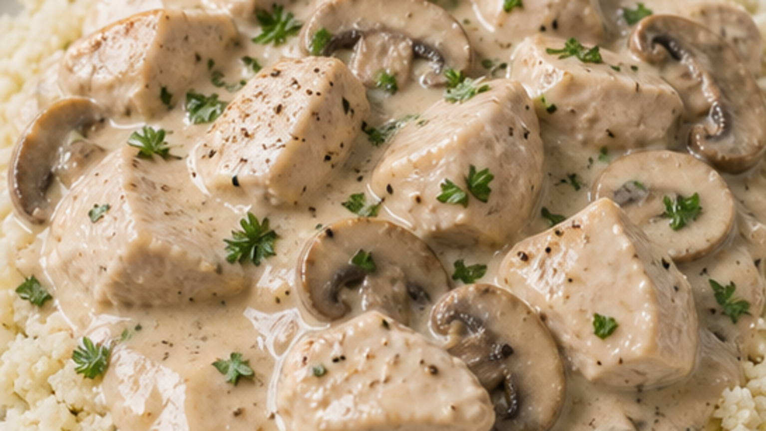 Keto-Hühnerfrikassee mit Blumenkohlreis fertig angerichtet als ketogenes Rezept