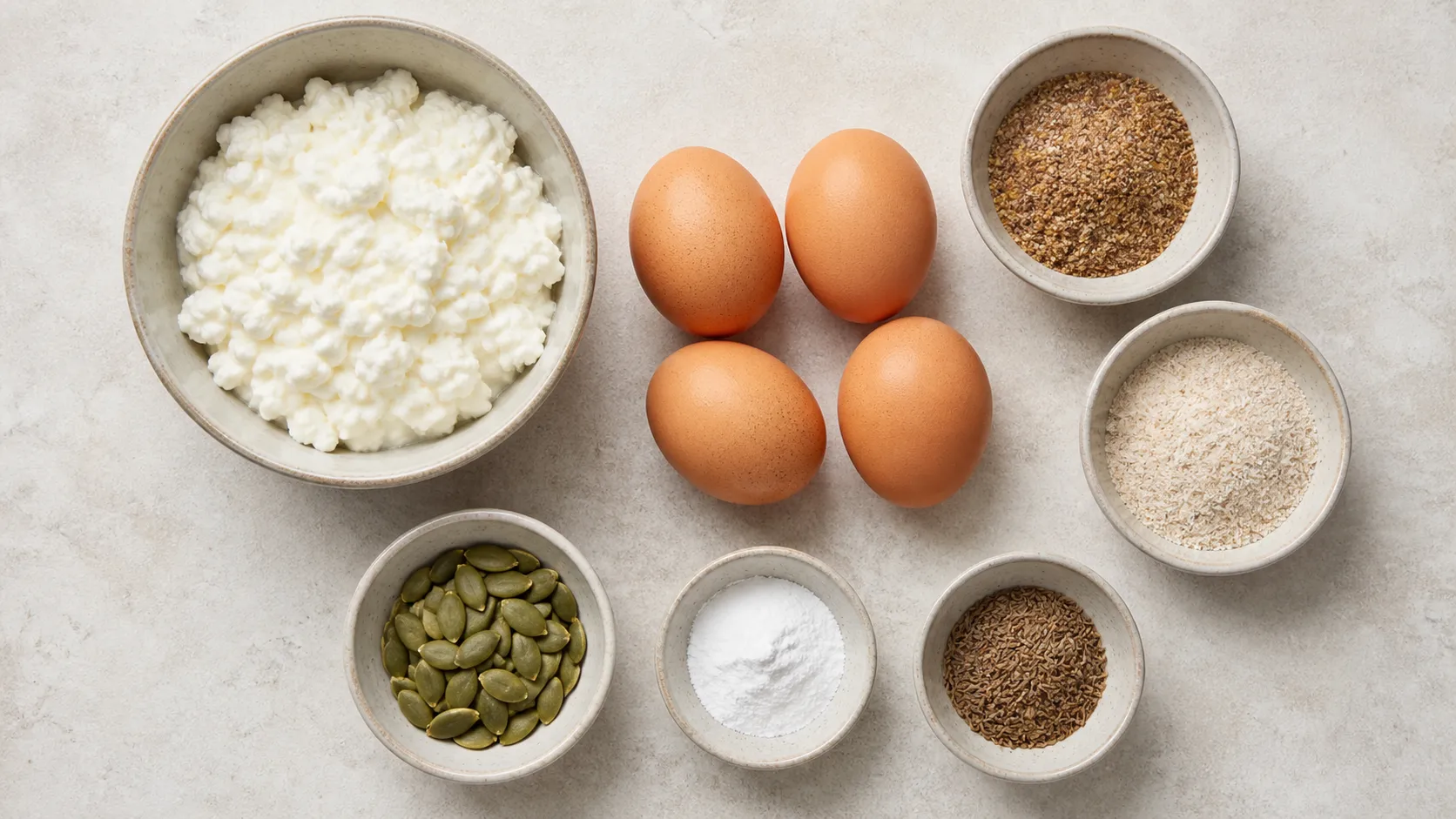 Zutaten für nussfreie Keto-Brötchen: Hüttenkäse, Eier, geschrotete Leinsamen, Flohsamenschalen und Kürbiskerne in Schalen