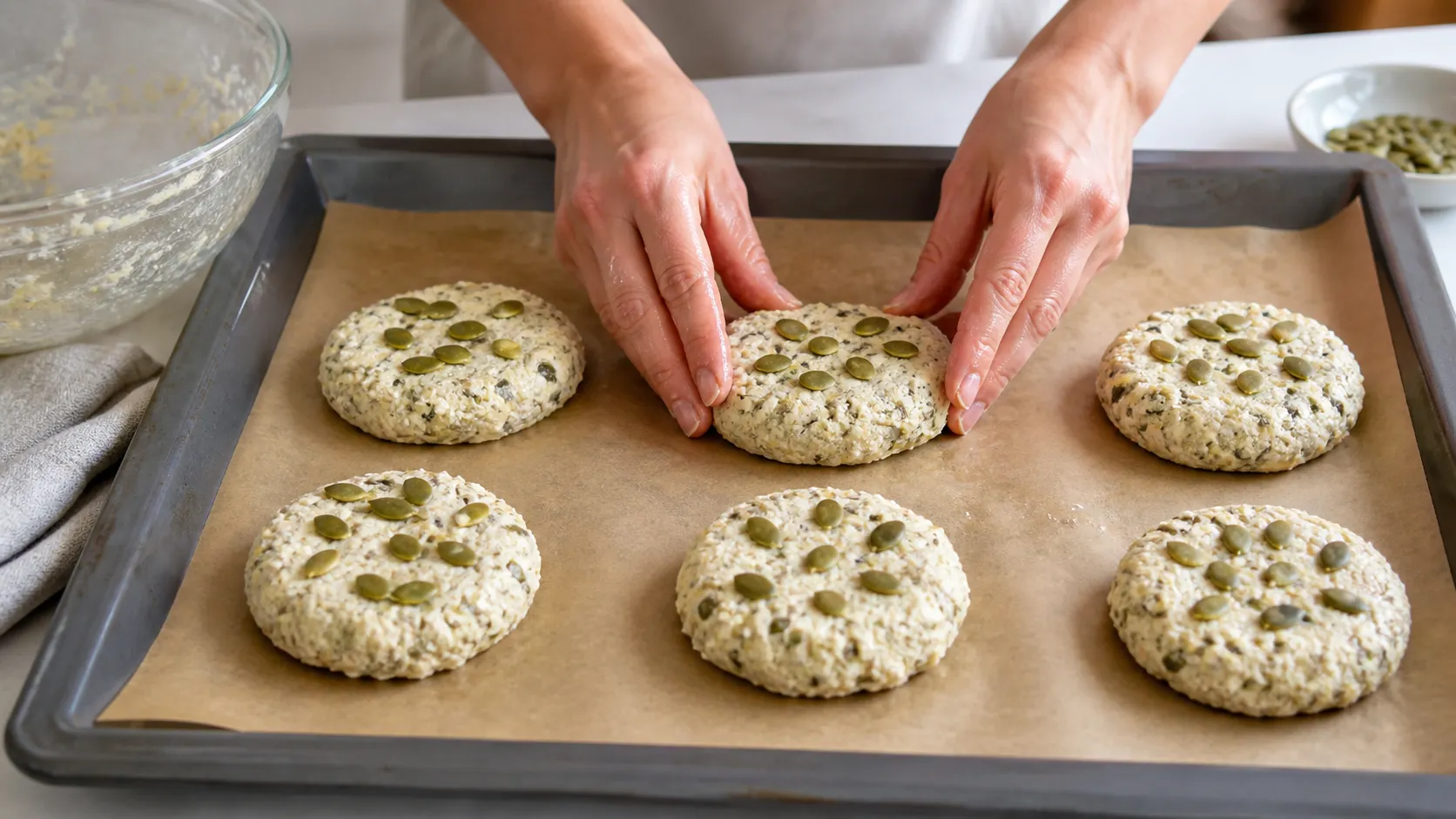 Sechs geformte Teiglinge mit Kürbiskernen auf einem Backblech mit Backpapier vor dem Backen