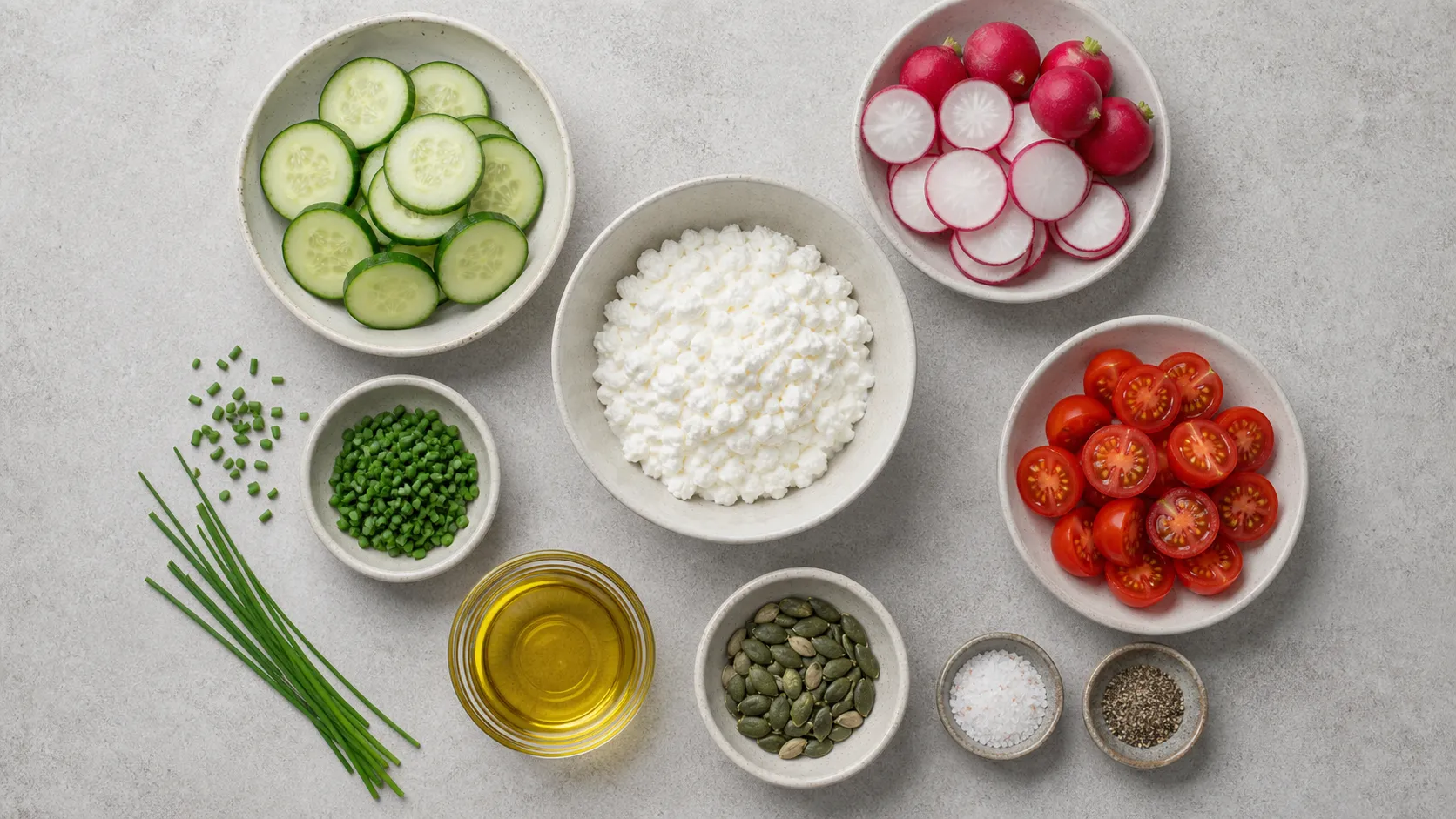 Zutaten für die Keto-Hüttenkäse-Bowl: Hüttenkäse, Gurke, Radieschen, Cherry-Tomaten, Schnittlauch, Leinöl und Kürbiskerne