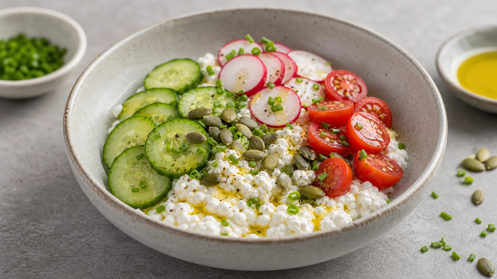 Herzhafte Keto-Hüttenkäse-Bowl mit Gurkenscheiben, Radieschen, Schnittlauch und Kürbiskernen in einer Schüssel