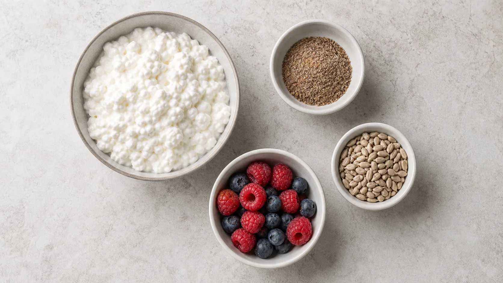Zutaten für Keto Hüttenkäse-Leinsamen-Beeren-Bowl mit Hüttenkäse, Leinsamen, Himbeeren, Blaubeeren und Sonnenblumenkernen