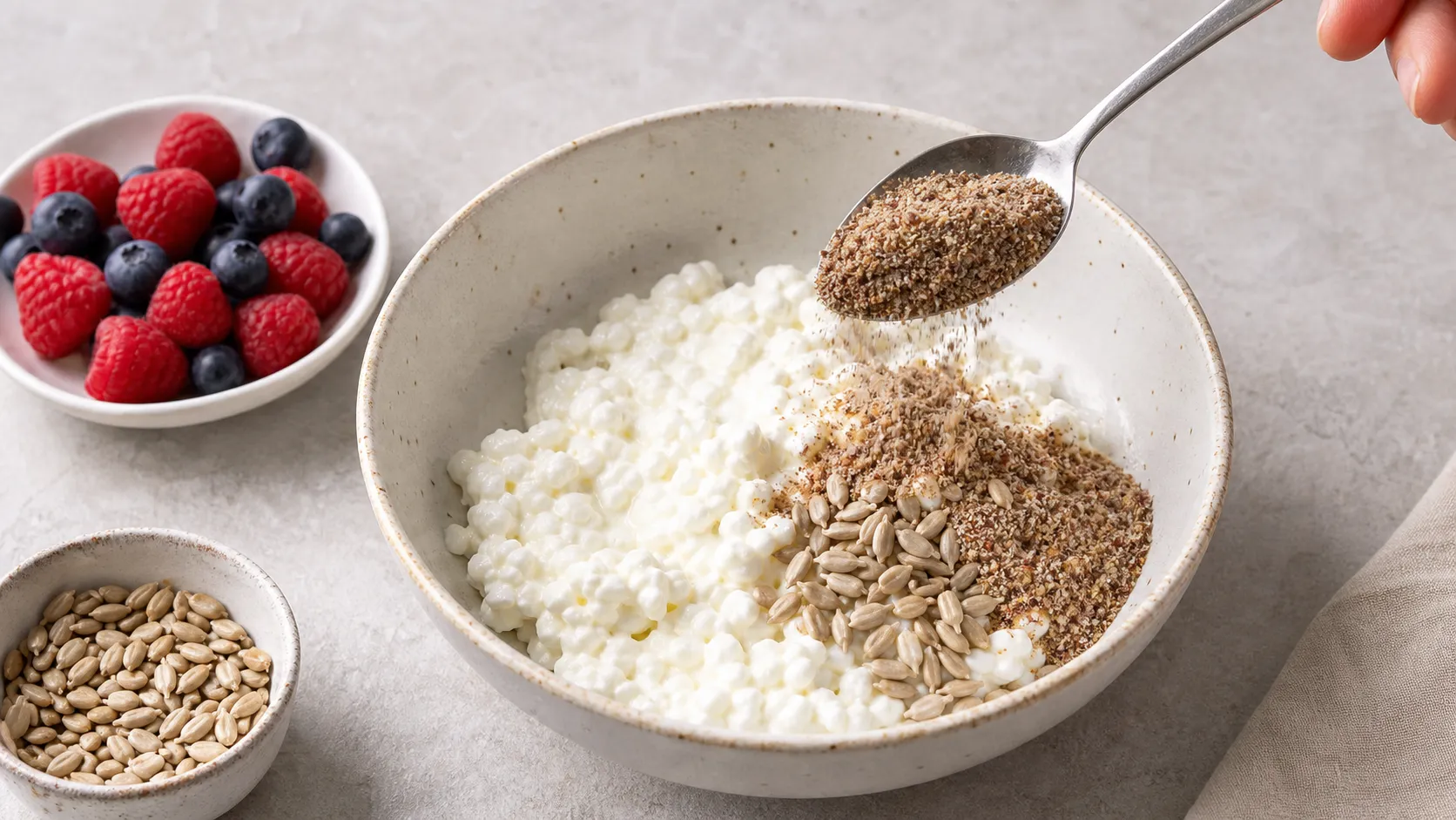 Geschrotete Leinsamen und Sonnenblumenkerne werden auf Hüttenkäse für eine Keto-Beeren-Bowl gestreut
