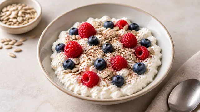 Keto Hüttenkäse-Leinsamen-Beeren-Bowl mit Himbeeren, Blaubeeren und Sonnenblumenkernen