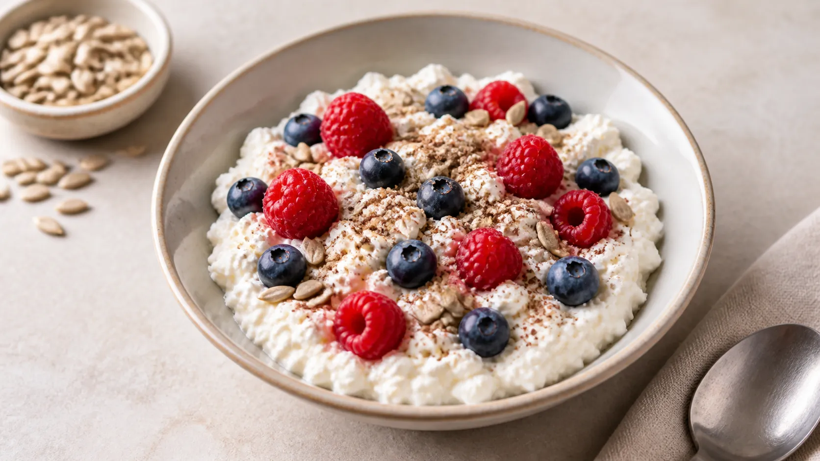 Keto Hüttenkäse-Leinsamen-Beeren-Bowl mit Himbeeren, Blaubeeren und Sonnenblumenkernen