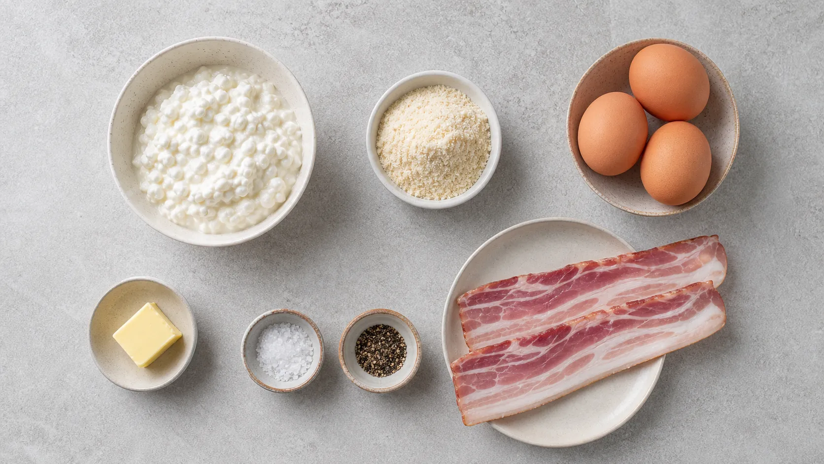 Zutaten für Keto Hüttenkäse-Pfannkuchen: Hüttenkäse, Eier, Mandelmehl, Speck, Butter, Salz und Pfeffer