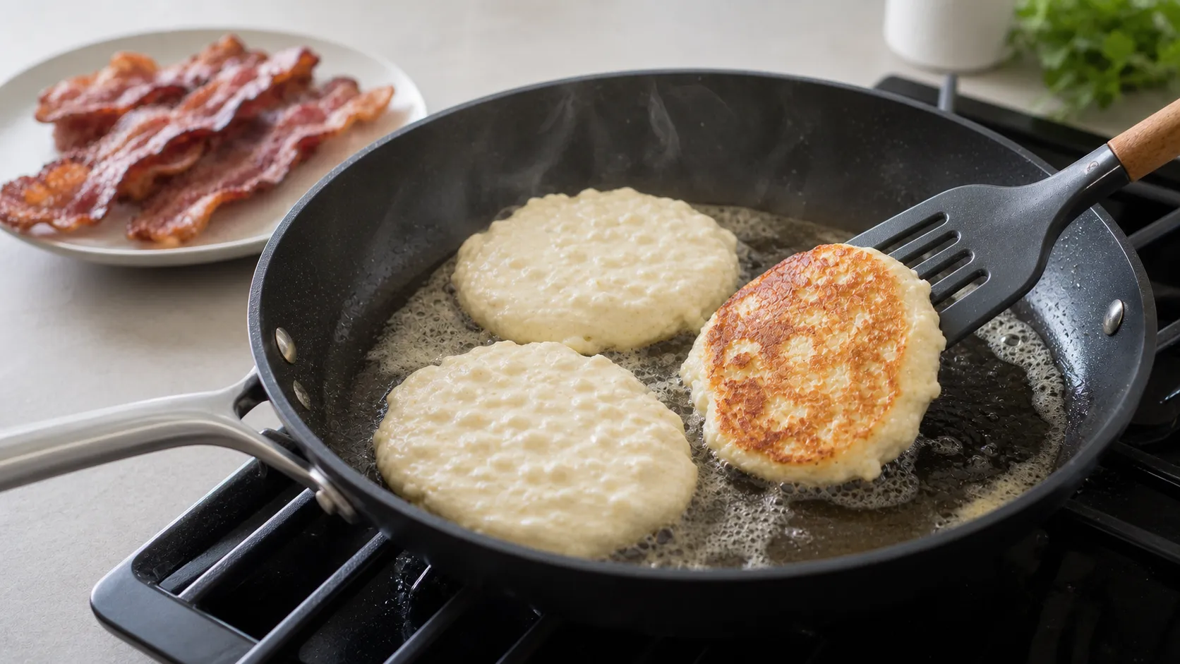 Keto Hüttenkäse-Pfannkuchen braten in Butter in einer Pfanne neben knusprigem Speck