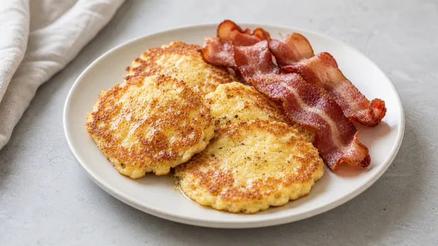 Goldbraune Keto Hüttenkäse-Pfannkuchen mit knusprigem Speck auf hellem Teller