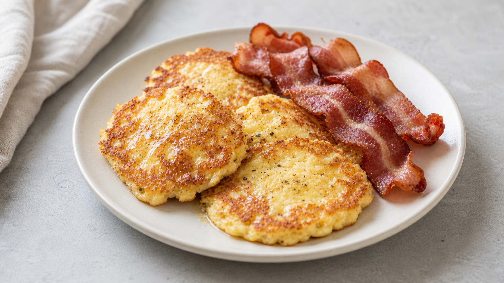 Goldbraune Keto Hüttenkäse-Pfannkuchen mit knusprigem Speck auf hellem Teller