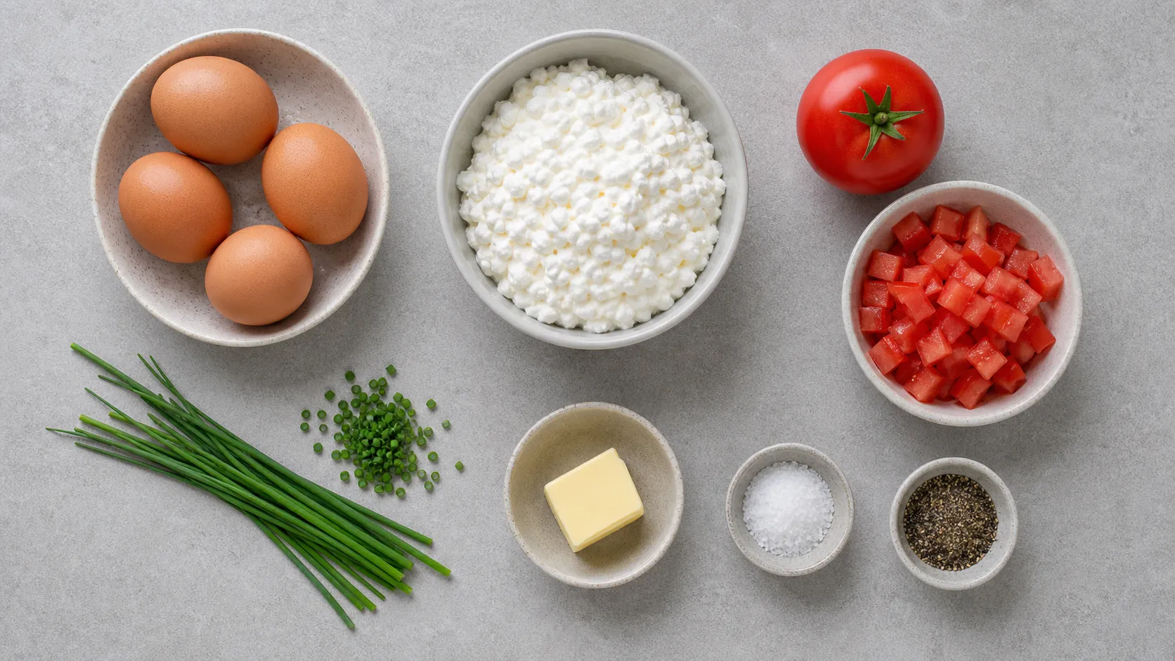 Zutaten für Keto-Hüttenkäse-Rührei: Eier, Hüttenkäse, Tomate, Schnittlauch und Butter