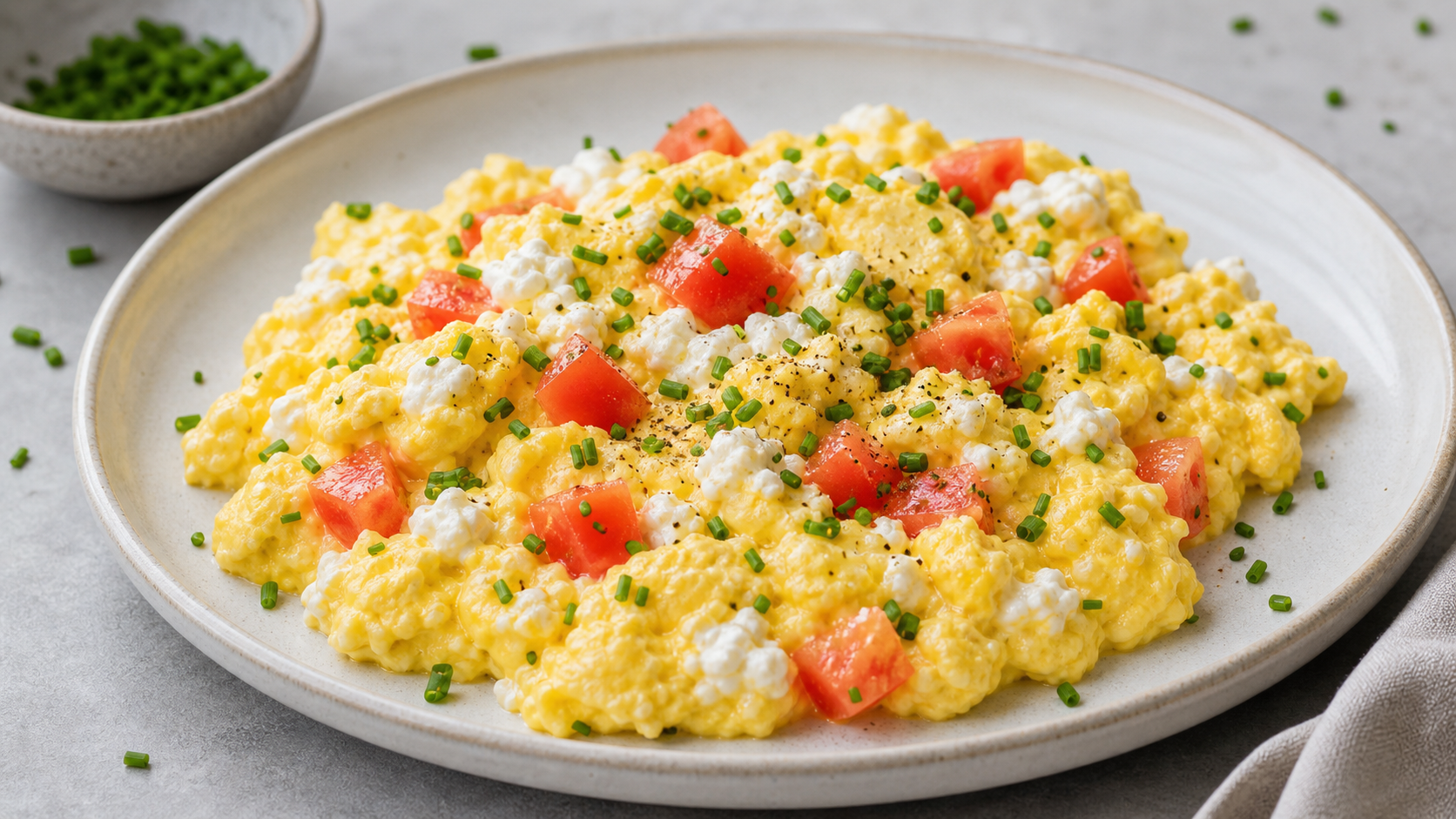 Cremiges Keto-Hüttenkäse-Rührei mit Tomatenwürfeln und Schnittlauch auf einem Teller