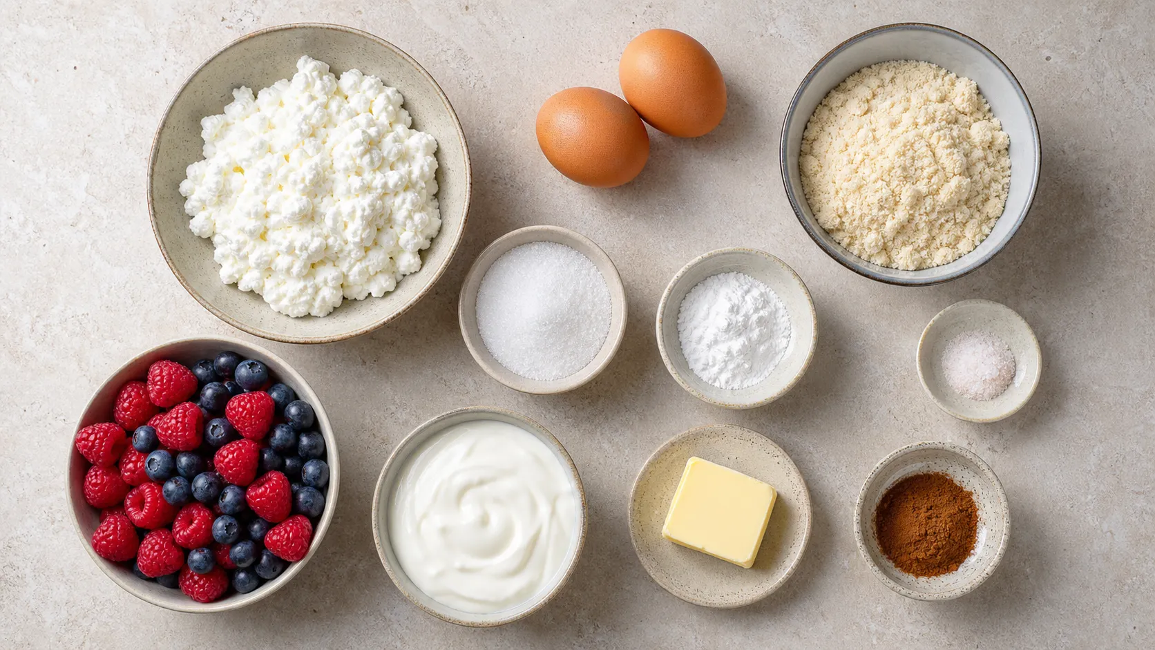 Zutaten für Keto Hüttenkäse-Waffeln: Hüttenkäse, Eier, Mandelmehl, Erythrit und frische Beeren