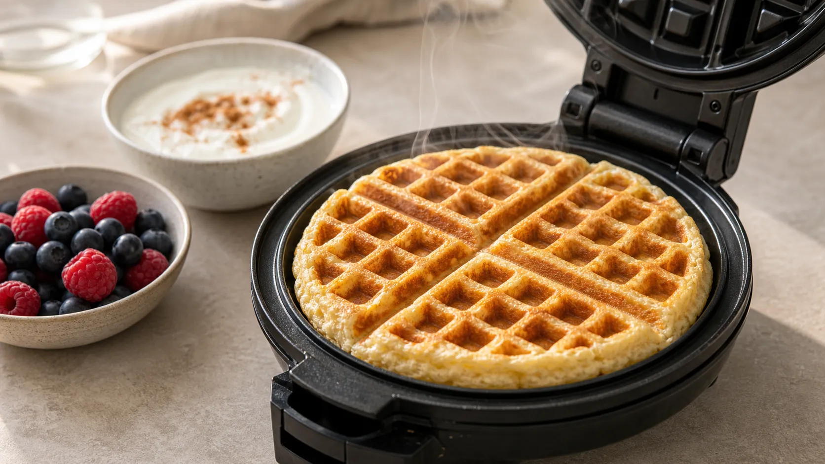 Waffelteig aus Hüttenkäse und Mandelmehl backt goldbraun im heißen Waffeleisen