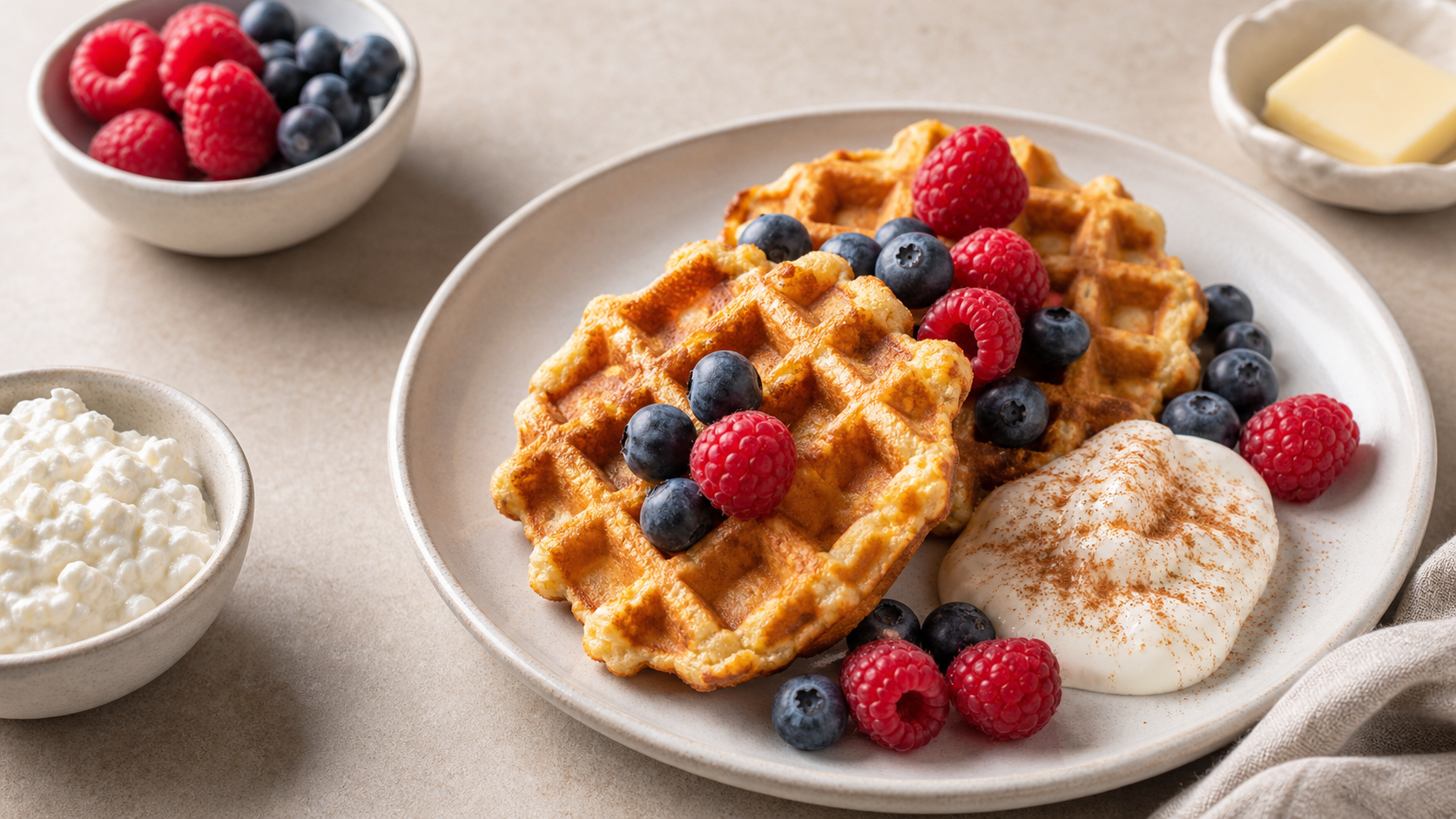 Goldbraune Keto Hüttenkäse-Waffeln mit frischen Himbeeren, Blaubeeren und einem Klecks Joghurt auf einem Teller