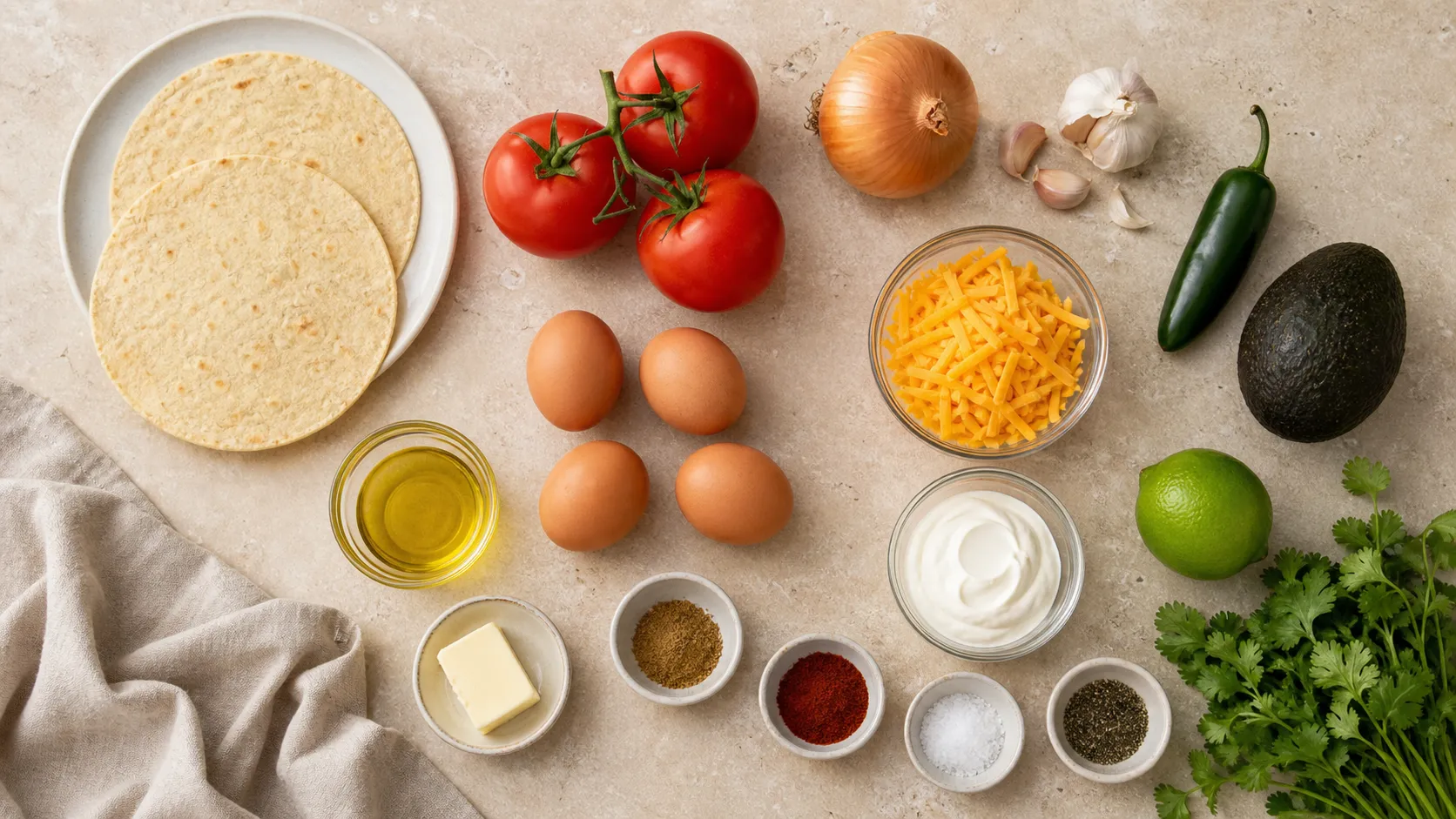 Zutaten für Keto Huevos Rancheros: Eier, Tomaten, Jalapeño, Zwiebel, Avocado, Cheddar, Crème fraîche und Mandelmehl-Tortillas