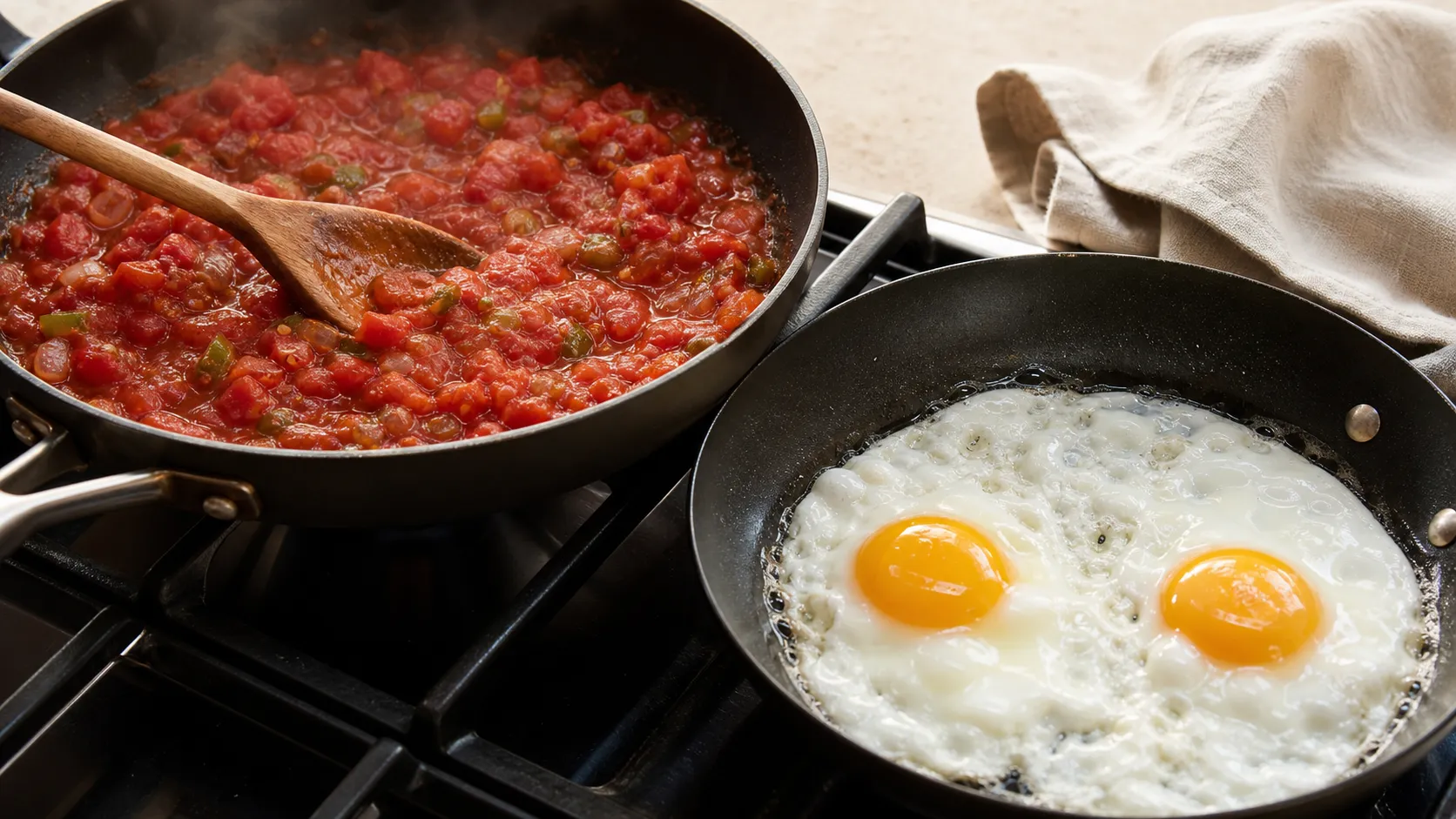Tomatensalsa köchelt in der Pfanne, daneben braten zwei Spiegeleier mit noch flüssigem Dotter