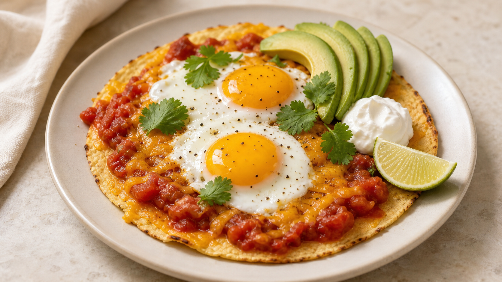 Keto Huevos Rancheros mit zwei Spiegeleiern auf einer Mandelmehl-Tortilla, Tomatensalsa, Avocadoscheiben, Cheddar und Koriander