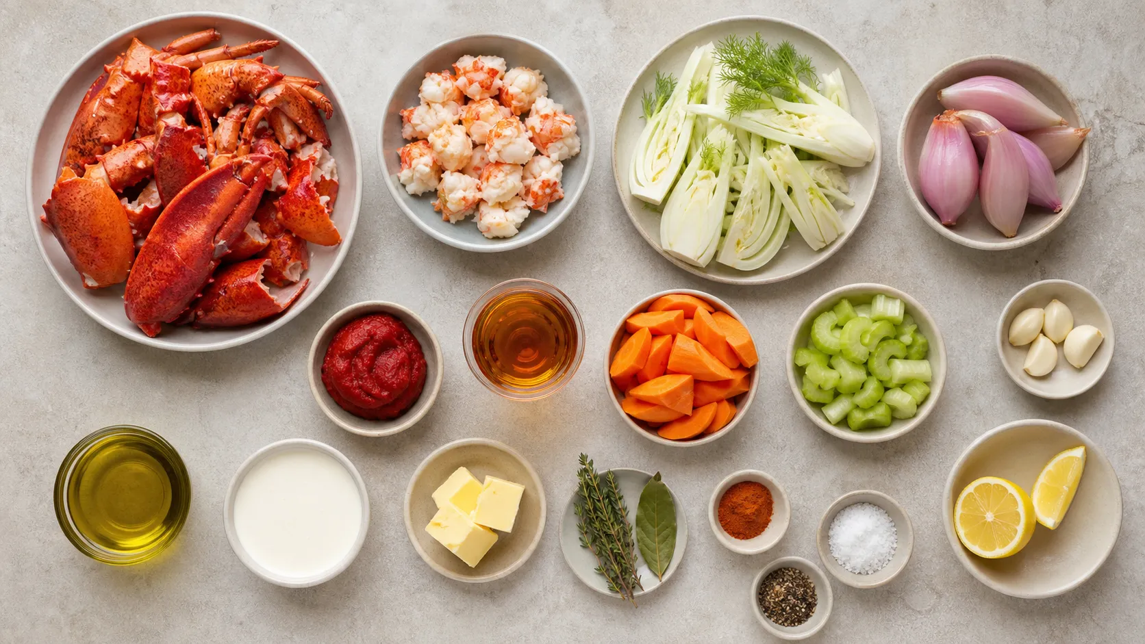 Zutaten für Keto-Hummerbisque: Hummerkarkassen, Hummerfleisch, Fenchel, Schalotten, Tomatenmark, Cognac und Sahne