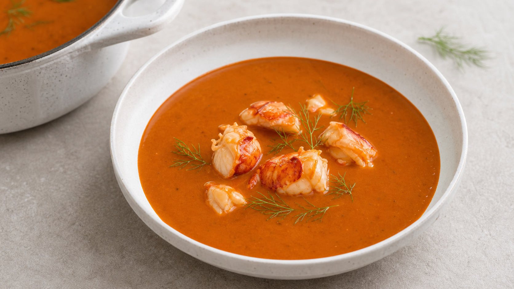 Cremige Keto-Hummerbisque in einem tiefen Teller mit Hummerfleisch und Fenchelgrün