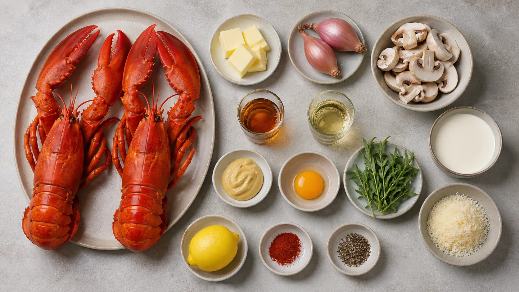 Zutaten für Keto-Hummer Thermidor: gekochter Hummer, Sahne, Butter, Estragon, Dijon-Senf und Parmesan