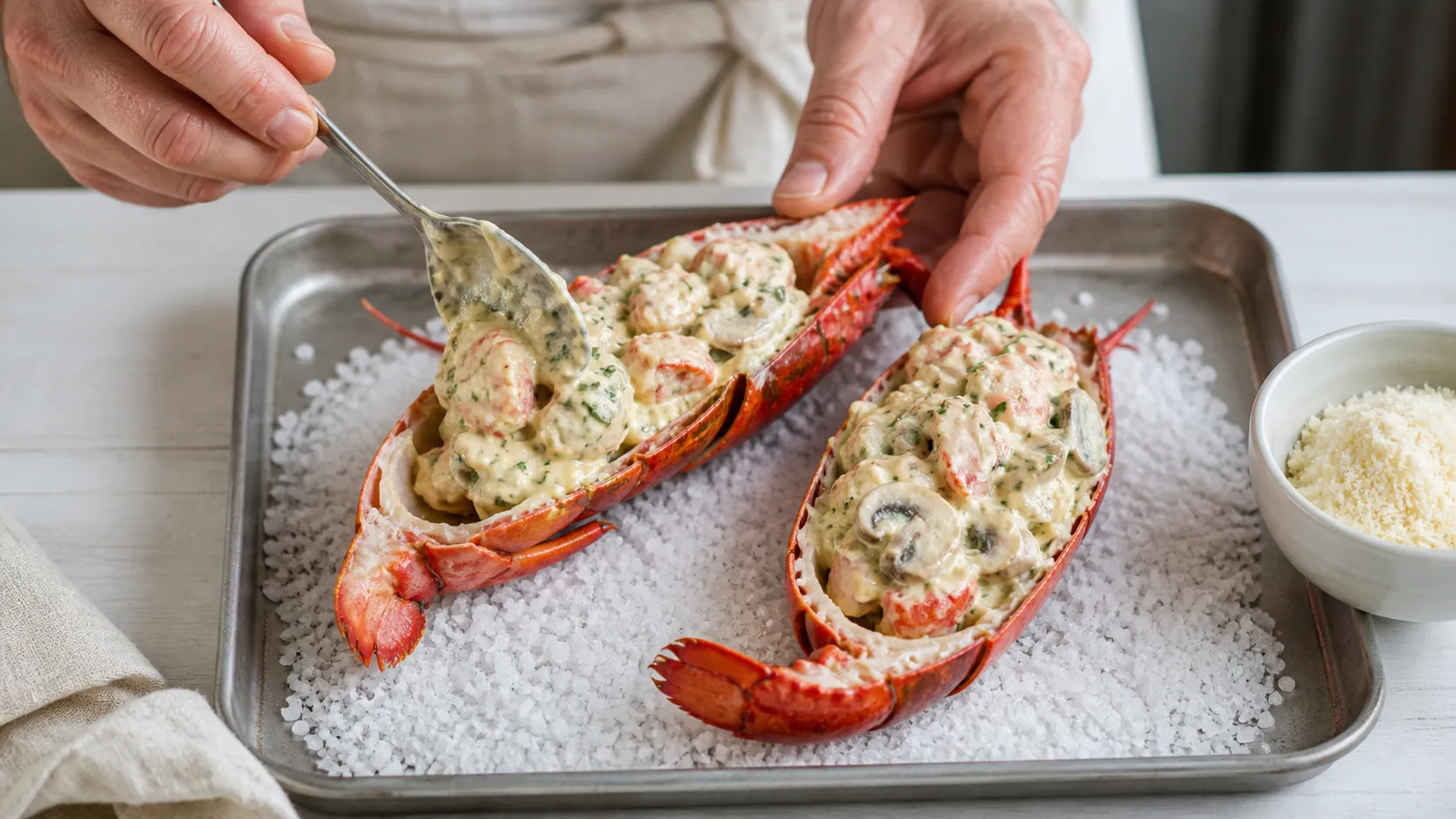 Hummerhälften werden mit cremiger Estragon-Sahne gefüllt und mit Parmesan bestreut