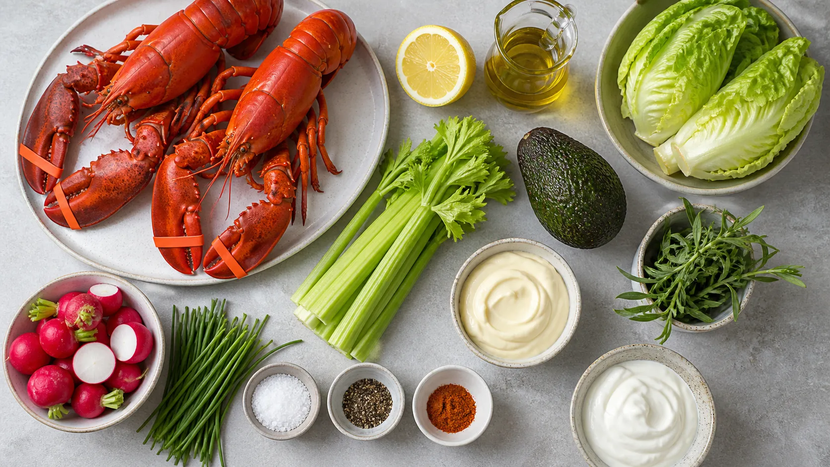 Zutaten für Hummersalat: zwei gekochte Hummer, eine Avocado, Staudensellerie, Radieschen, Salatherzen, Mayonnaise, Crème fraîche, Estragon und eine Zitrone