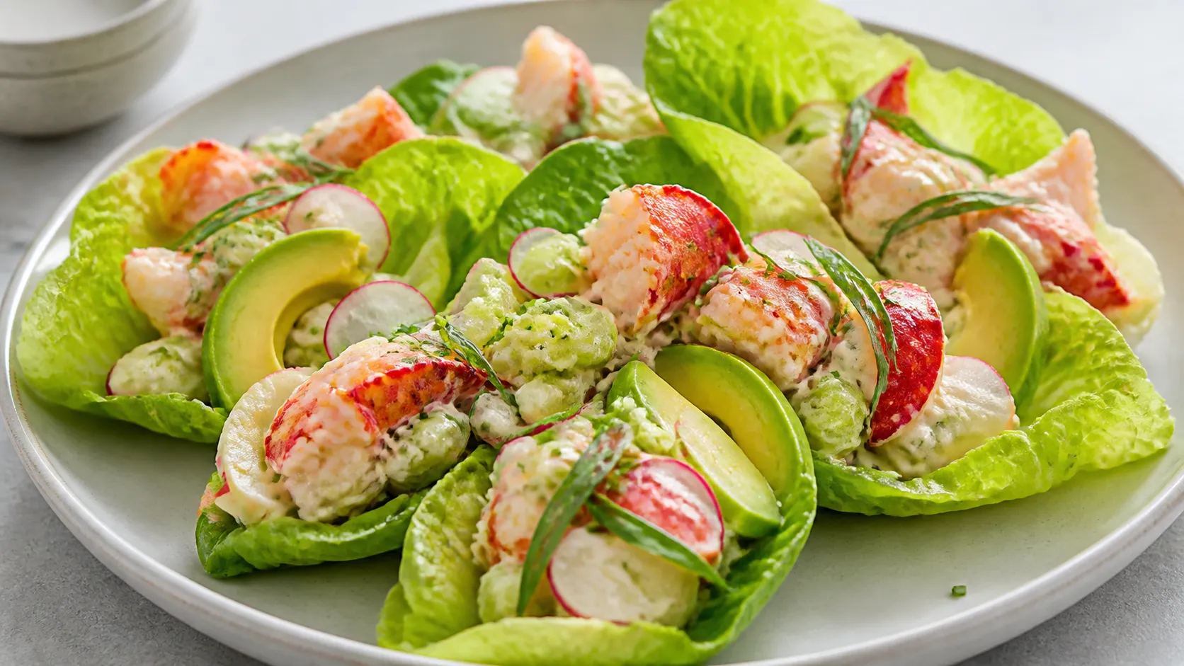 Hummersalat mit Avocadospalten, Radieschenscheiben und Estragon auf gelösten Salatherzblättern auf einem flachen Teller