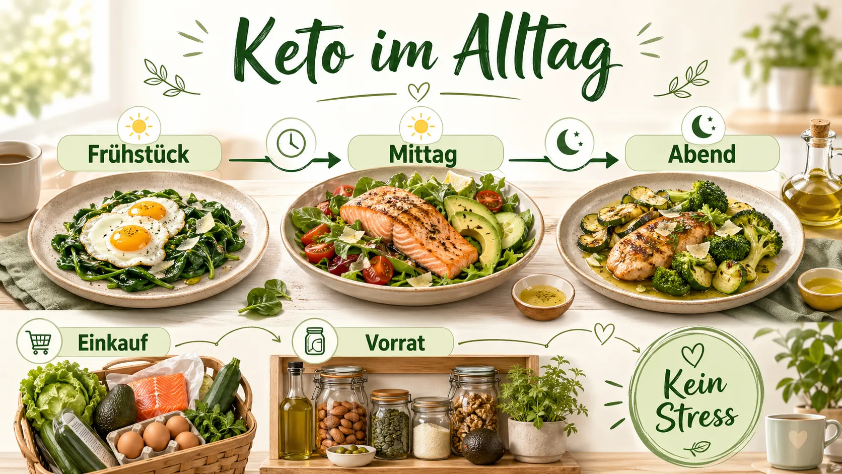 Infografik Keto im Alltag mit Frühstück, Mittagessen, Abendessen, Einkauf, Vorrat und dem Hinweis Kein Stress