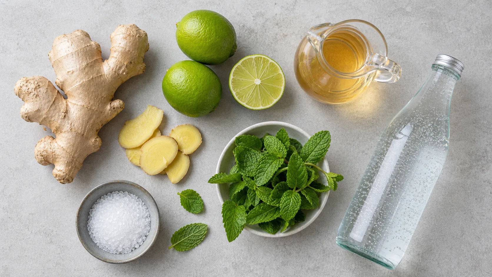 Zutaten für Keto Ingwer-Limetten-Shrub: Ingwer, Limetten, Apfelessig, Erythrit, Minze und Sprudelwasser