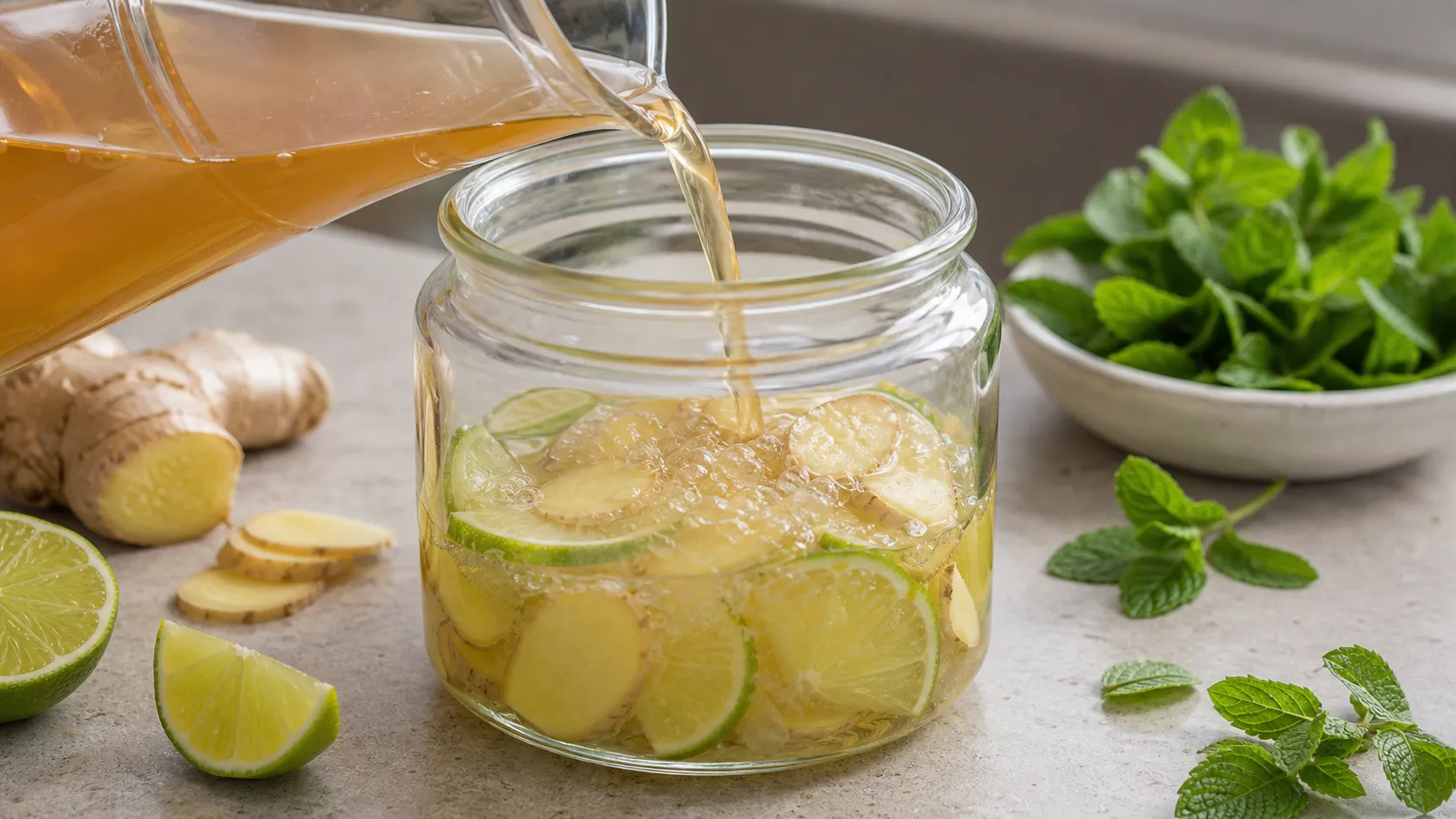 Apfelessig wird über Ingwer und Limetten in ein Glas für Keto Shrub gegossen
