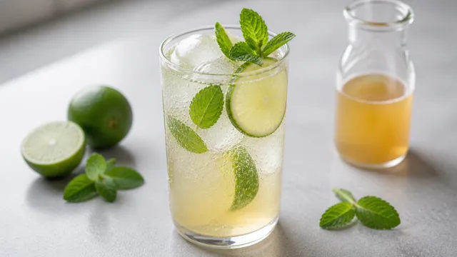Keto Ingwer-Limetten-Shrub mit Eis, Limette, Minze und Sprudelwasser im Glas