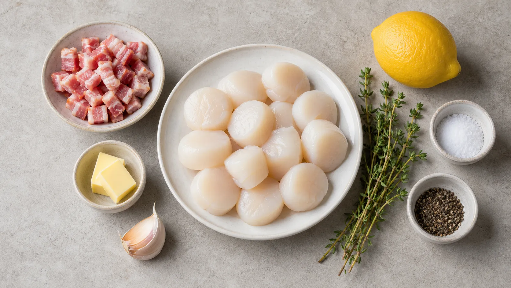 Zutaten für Keto Jakobsmuscheln mit Speck: Jakobsmuscheln, Speckwürfel, Butter, Knoblauch, Thymian und Zitrone