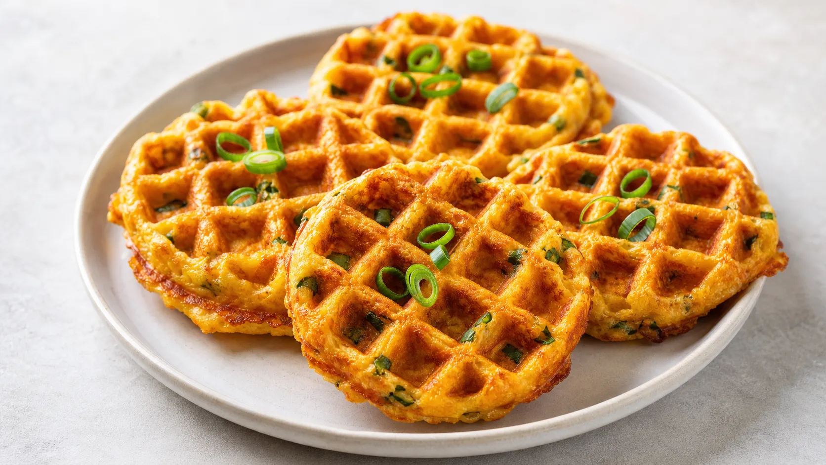 Vier goldbraune Jalapeño-Cheddar-Chaffles mit sichtbaren Jalapeño-Stücken und Frühlingszwiebeln