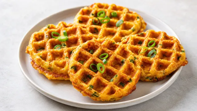 Vier goldbraune Jalapeño-Cheddar-Chaffles mit sichtbaren Jalapeño-Stücken und Frühlingszwiebeln
