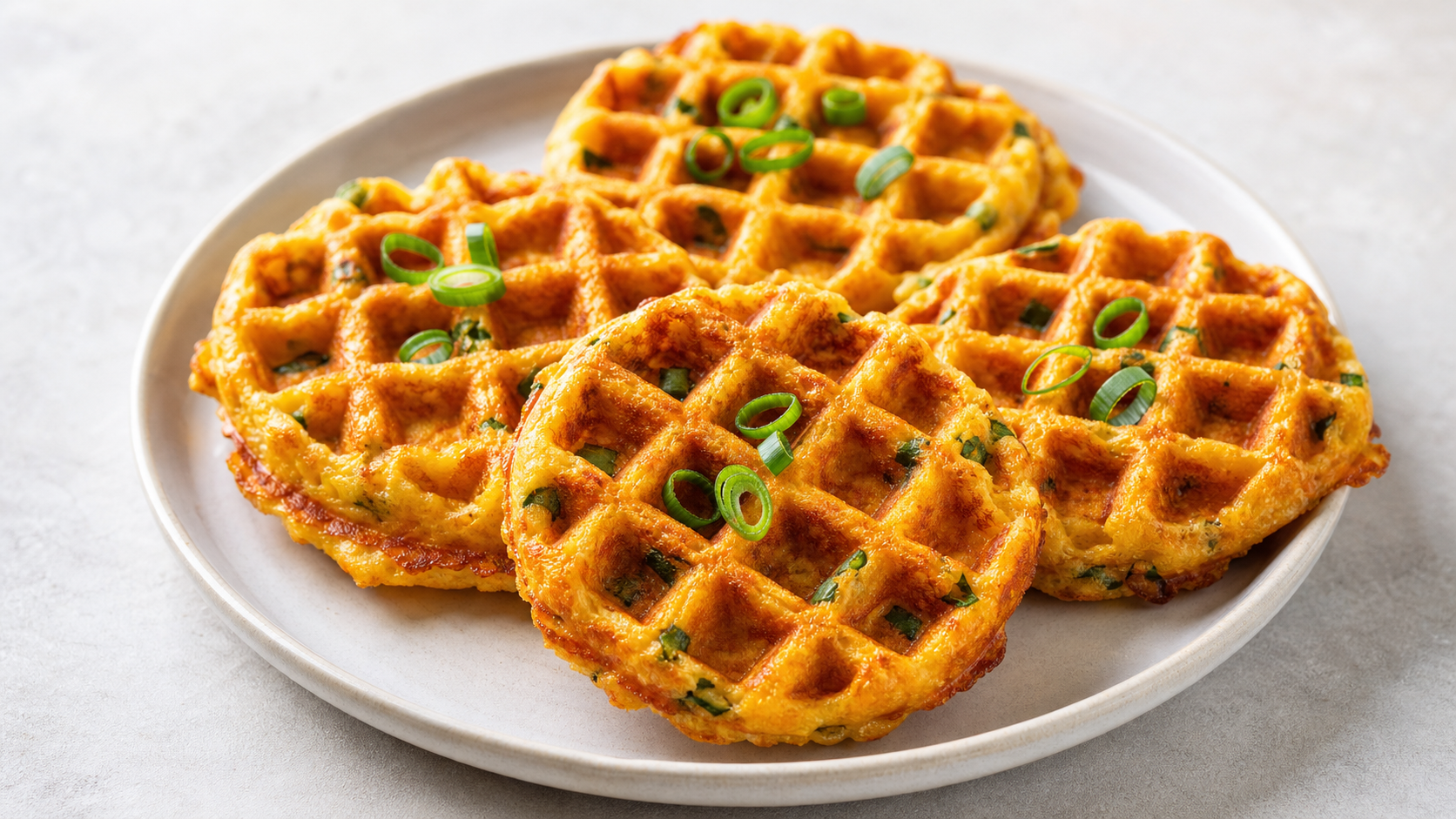 Vier goldbraune Jalapeño-Cheddar-Chaffles mit sichtbaren Jalapeño-Stücken und Frühlingszwiebeln