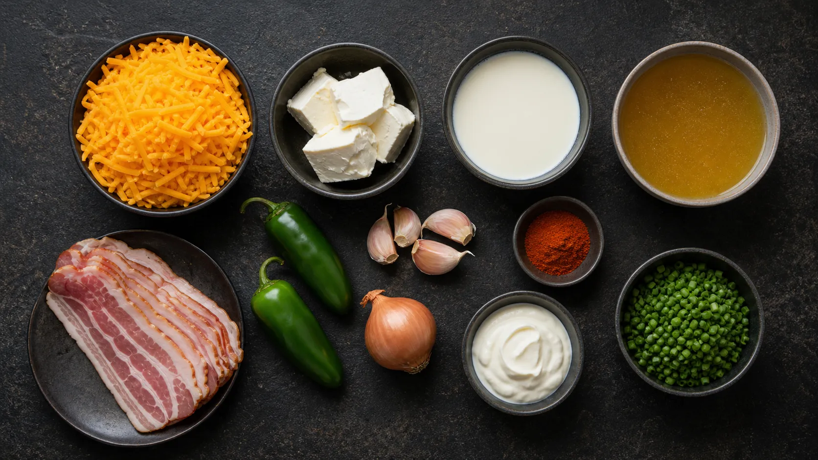 Flatlay der Zutaten für Keto-Jalapeno-Käsesuppe mit Cheddar, Frischkäse, Sahne, Speck und Jalapeños